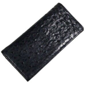 Luciano Valentino Black Ostrich-Embossed Long Wallet -  7" x 3.5" Bi-fold Design